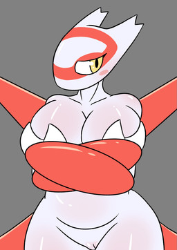 anthro anthrofied big_breasts blush breasts claws covering covering_self embarrassed female female_anthro genitals grey_background hand_bra huge_breasts huge_thighs looking_at_viewer mouthless non-mammal_breasts non-mammal_vulva nude nude_anthro nude_female pokemorph red_body simple_background solo thick_thighs vulva white_body wide_hips yellow_eyes bruhmynameisdylan nsfwinthedark nintendo pokemon generation_3_pokemon latias legendary_pokemon pokemon_(species) 2026 absurd_res digital_media_(artwork) hi_res