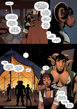 accessory anthro arm_scar big_muscles black_hair bottomwear brown_body brown_bottomwear brown_clothing brown_eyes brown_pants chest_scar clothed clothed_male clothing crowd curly_hair detailed_background dialogue duo eyebrows facial_scar fantasy fantasy_weapon femboy flirting flirting_look goat_ears green_clothing green_shirt green_topwear group hair hammer headband holding_object horn jewelry lamp lantern male moon muscular muscular_anthro muscular_arms muscular_male necklace night outside pants red_headband scar shirt silhouette size_difference smile solo speech_bubble star straight_hair tavern tent text thick_eyebrows tools topwear torn_clothing torn_shirt torn_topwear purplebirdman roshim_(purplebirdman) bovid caprine goat human mammal sheep 2023 colored comic detailed english_text shaded url