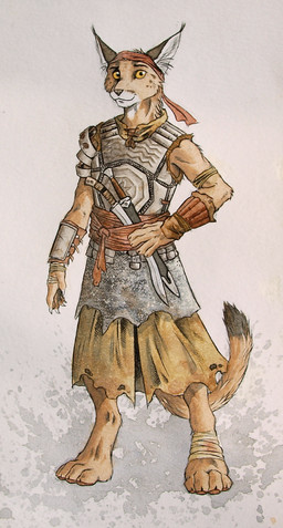 4_toes 5_fingers abstract_background accessory anthro armlet armor bandage barefoot belt biped breastplate claws clothed clothing digitigrade dipstick_tail ear_tuft feet fingers foot_wraps hand_wraps headband inner_ear_fluff looking_at_viewer male markings melee_weapon multicolored_tail orange_eyes pawpads sash simple_background smile solo spaulder standing sword tail tail_markings toes torn_clothing tuft vambrace weapon wounded wraps 0laffson caracal caracal_(genus) felid feline mammal 2015 traditional_media_(artwork)