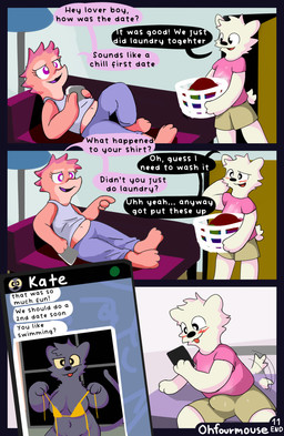 anthro appliance bikini clothing cum_stain duo electronics embarrassed erection erection_under_clothing female furniture holding_bikini_top laundry laundry_machine male male/female phone pink_clothing pink_shirt pink_t-shirt pink_topwear sexting shirt sofa swimwear t-shirt tail text texting topwear two-piece_swimsuit ohfourmouse mythology canid canine canis domestic_cat domestic_dog dragon felid feline felis mammal mythological_creature mythological_scalie scalie comic english_text hi_res
