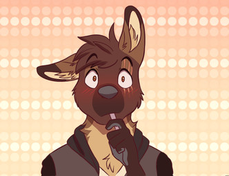 5_fingers anthro black_nose blush blush_lines brown_body brown_fur brown_hair claws cutlery eating eye_scar facial_scar fingers fluffy fork fur grey_pawpads hair kitchen_utensils male orange_eyes padded_palms pawpads scar solo tan_body tan_fur tools yuguni ra'zim gulonine hybrid kangaroo macropod mammal marsupial marten mustelid musteline sable_(marten)