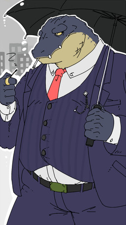 anthro belly big_belly bottomwear clothing humanoid_hands kemono male necktie outside overweight overweight_male pants shirt solo suit topwear umbrella hodol crocodile crocodilian reptile scalie 2015