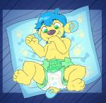 anthro baby blue_body blue_fur blue_hair bodily_fluids clean_diaper clothed clothing diaper drooling fur hair lying male multicolored_body multicolored_fur on_back saliva solo spiral_eyes sucking thumb_suck two_tone_body two_tone_fur wearing_diaper yellow_body yellow_fur young young_anthro bubblepuppers bubblegum_(bubblepuppers) canid canine canis domestic_dog mammal absurd_res hi_res