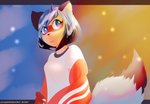 anthro blue_hair breasts clothed clothing female fluffy fluffy_tail hair sad shirt simple_background solo t-shirt tail topwear awakeningwind brand_new_animal studio_trigger michiru_kagemori canid canine mammal raccoon_dog tanuki 2020 absurd_res hi_res