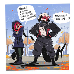 abs anthro autumn autumn_leaves big_breasts boots border bottomwear breasts clothed clothed_anthro clothed_female clothing coat crossed_arms dialogue duo eyebrow_through_hair eyebrows eyes_closed female footwear fur hair humanoid_pointy_ears leaf looking_at_another magenta_hair midriff muscular muscular_female name_in_dialogue navel non-mammal_breasts non-mammal_hair orange_body orange_fur pants pointy_ears scarf shaking shark_tail shivering shoes sidecut speech_bubble text topwear translucent translucent_hair under_boob white_border white_hair wind inugatami bby_dont_hurt_me havoc_(bby_don't_hurt_me) octavix canid canine fish fox mammal marine shark 2025 english_text hi_res