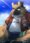 aloha_shirt anthro belly bottomwear brown_body brown_fur clothing eyebrows fur jewelry male necklace pattern_clothing pattern_shirt pattern_topwear scar shirt shorts sitting slightly_chubby solo thick_eyebrows topknot topwear boar_stag144 lifewonders tokyo_afterschool_summoners yasuyori_(tas) canid canine canis domestic_dog mammal absurd_res hi_res