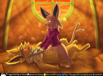 animal_genitalia animal_penis blush bodily_fluids clothing cowgirl_position detailed_background duo female female_penetrated feral from_front_position fur genital_fluids genitals heart_eyes heart_symbol jewelry looking_pleasured male male/female male_penetrating male_penetrating_female necklace on_bottom on_top one_eye_closed open_mouth penetration penile penile_penetration penis sex smile tail tremble_spikes vaginal vaginal_fluids vaginal_penetration vulva rymherdier nintendo pokemon pokemon_mystery_dungeon spike_chunsoft jasper_(bgklonewolf) soruchee_(soruchee) eeveelution espeon generation_1_pokemon generation_2_pokemon jolteon mammal pokemon_(species) digital_media_(artwork) hi_res