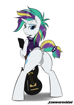 alternate_hairstyle anus blue_eyes blue_eyeshadow butt clothed clothed_feral clothing cutie_mark dock_(anatomy) electric_guitar eyelashes eyeshadow female feral genitals guitar hair horn looking_at_viewer looking_back makeup multicolored_hair multicolored_tail musical_instrument plucked_string_instrument simple_background smile solo string_instrument tail vulva white_background conditional_dnp jcosneverexisted friendship_is_magic hasbro my_little_pony mythology raripunk rarity_(mlp) equid equine mammal mythological_creature mythological_equine unicorn 2017 absurd_res hi_res