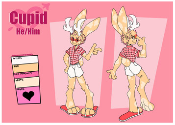 anthro antlers blonde_hair border bottomwear cheek_tuft clothing collared_shirt dress_shirt eyewear facial_tuft flip_flops footwear fur glasses hair half-closed_eyes heart_glasses highlights_(coloring) horn male multicolored_hair narrowed_eyes pink_highlights sandals shirt shoes shorts smile smirk smug smug_face solo text topwear tuft two_tone_hair white_border yellow_body yellow_fur xing1 cupid_(jackel_usami) jackalope lagomorph mammal english_text hi_res model_sheet