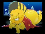 anthro big_butt blush bottomless butt clothed clothing facial_scar fur lying male mane on_front overweight overweight_male scar solo stripes tusks yellow_body yellow_fur satsui-n0-had0u one_piece nekomamushi felid feline mammal 2024 absurd_res hi_res