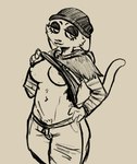 anthro beanie bottomwear breasts clothed clothing clothing_lift female hat headgear headwear navel pants presenting presenting_belly simple_background solo striped_sleeves naughty_skeleton epic_games fortnite meow_skulls domestic_cat felid feline felis mammal 2022 traditional_media_(artwork)