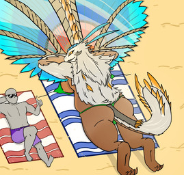 anthro beach beak big_breasts big_butt big_tail bikini black_wings blue_towel blue_wings breasts brown_body brown_skin butt claws clothing duo eyewear faceless_character faceless_male female fur gesture glasses glistening glistening_wings green_clothing green_swimwear grey_body grey_fur grey_skin hand_gesture larger_female lying male male/female multicolored_body on_back on_front orange_eyes orange_spikes purple_clothing purple_swimwear red_towel red_wings sand size_difference slightly_chubby slightly_chubby_anthro slightly_chubby_female smaller_male spikes spikes_(anatomy) spread_wings sunbathing swimming_trunks swimwear tail thick_thighs thumbs_up toe_claws towel two-piece_swimsuit white_beak white_towel wings crimsontyd capcom monster_hunter avian bird_wyvern human mammal toridcless absurd_res hi_res