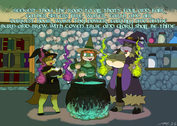 anthro book bookshelf brown_body brown_fur cauldron female fire fur furniture green_eyes grey_body grey_fur hair hyper inside magic_user orange_hair text witch dirtymac mac-daddy bovid caprine equid equine goat horse human mammal absurd_res english_text hi_res