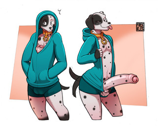 5_fingers anthro big_penis biped clothing collar fingers floppy_ears foreskin genitals glans hoodie huge_penis humanoid_genitalia humanoid_penis male penis solo tail tail_motion tailwag tongue tongue_out topwear freckles_(artist) lunares_(freckles) canid canine canis dalmatian domestic_dog mammal
