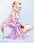 2018 anthro belly big_belly blonde_hair blue_background clothed clothing dated digital_media_(artwork) dress felid female flower fur grey_eyes hair hi_res holding_flower holding_object holding_rose mammal markings marzipan_(spottedtigress) multicolored_hair navel nipples pantherine pink_body pink_fur plant red_hair rose_(flower) signature simple_background sitting slightly_chubby slightly_chubby_anthro slightly_chubby_female solo spots spotted_arms spotted_legs spotted_markings spotted_tail striped_arms striped_legs striped_markings striped_tail stripes tail tail_markings tiger tiggybloom translucent translucent_clothing translucent_dress two_tone_hair white_body white_fur