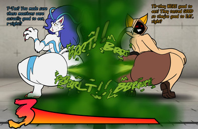 alternate_species anthro anthrofied big_breasts big_butt black_tail blue_hair blue_markings bodily_fluids boots breasts brown_body brown_skin butt claws clothing dialogue dipstick_tail duo fangs fart fart_cloud fart_fetish female footwear fur furrification green_fart_cloud grin hair hood huge_butt hyper hyper_fart knee_boots knee_highs legwear looking_back markings open_mouth pink_claws red_eyes sharp_teeth shoes smile sweat tail tail_markings teeth text thick_thighs white_body white_fur white_tail white_tail_tip wide_hips yellow_eyes yikki arc_system_works blazblue capcom darkstalkers felicia_(darkstalkers) taokaka animal_humanoid cat_humanoid domestic_cat felid felid_humanoid feline feline_humanoid felis humanoid kaka_(blazblue) mammal mammal_humanoid 2024 absurd_res digital_drawing_(artwork) digital_media_(artwork) english_text hi_res