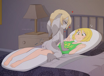 bed bedroom blonde_hair detailed_background duo eyewear floppy_ears furniture glasses grinding hair heart_symbol humping lamp male masturbation nightstand pillow pillow_humping shortstack shortstack_male smile text transformation merunyaa guild_wars magister_jezza asura 2017 url