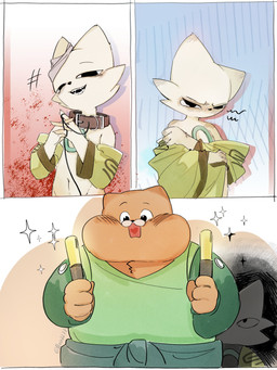 anthro bandage bare_shoulders blood blood_splatter blush blush_lines bodily_fluids claws clothed clothing clothing_grab collar costume duo embarrassed fur glowstick green_clothing leash leashed_collar male midriff mouthless orange_body orange_fur partially_clothed sharp_teeth simple_background skimpy slightly_chubby slightly_chubby_male tears teeth white_body white_fur yellow_clothing pixie2277 nine_sols red_candle_games kuafu_(nine_sols) yi_(nine_sols) felid feline mammal solarian comic hi_res
