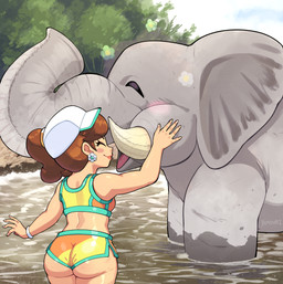 ambiguous_gender bottomwear bracelet brown_hair butt clothing crop_top duo ear_piercing eyebrows eyelashes eyes_closed female feral glistening hair hat headgear headwear jewelry open_mouth outside piercing proboscis_(anatomy) shirt shorts smile topwear trunk_(anatomy) water yamouri mario_bros nintendo princess_daisy elephant elephantid human mammal proboscidean 2025 hi_res