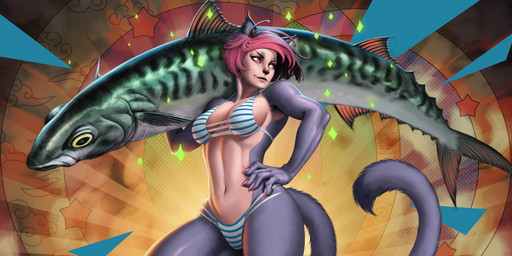 athletic athletic_female bikini breasts claws clothing duo female feral fur hair hand_on_hip holding_fish looking_aside navel pattern_bikini pattern_clothing pattern_swimwear pink_hair simple_background smile striped_bikini striped_clothing striped_swimwear stripes swimwear tail two-piece_swimsuit lambdakat animal_humanoid aquatic cat_humanoid felid felid_humanoid feline feline_humanoid fish humanoid mammal mammal_humanoid 2024 digital_media_(artwork) hi_res