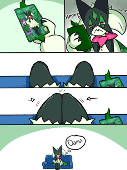 3_fingers ambiguous_gender anthro fingers flower_(anatomy) fur furniture green_body green_fur jagged_mouth mask pink_eyes pink_nose sofa solo text furumi92 nintendo pokemon liko's_meowscarada generation_4_pokemon generation_9_pokemon meowscarada pokemon_(species) rotom rotom_phone 2026 3:4 absurd_res comic english_text hi_res female_(lore) male_(lore)
