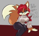 anthro big_breasts breasts clothing dialogue female heart_symbol mature_female sitting solo sweater text thick_thighs topwear wide_hips solratic archie_comics sega sonic_the_hedgehog_(archie) sonic_the_hedgehog_(comics) sonic_the_hedgehog_(series) rosemary_prower canid canine fox mammal english_text hi_res