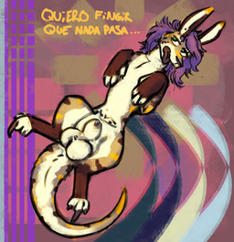 animal_genitalia feral genitals gynomorph intersex lying on_back pouch_(anatomy) sheath solo text cool. kiat_(cool.) canid canine hybrid kangaroo macropod mammal marsupial hi_res spanish_text