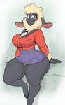 anthro big_breasts black_body bottomwear breasts clothed clothing cloven_hooves curvy_figure eyebrows eyewear female fingers fur glasses hooves miniskirt panties red_eyes skirt solo thick_thighs topwear underwear wide_hips wool_(fur) usnarbit bovid caprine mammal sheep 2024 hi_res