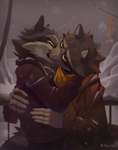 anthro biped blush clothed clothing detailed_background duo eyes_closed hug kissing love male male/male outside romantic scarf sweater topwear srfennec tails_noir howard_lotor larry_(tails_noir) mammal procyonid raccoon 2023 hi_res