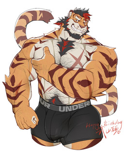 abdominal_scar abs anthro arm_scar barazoku beard biceps black_briefs black_clothing black_hair black_underwear bodily_fluids briefs briefs_only bulge chest_scar chest_tuft clothed clothing deltoids detailed_bulge facial_hair forearm_muscles fur genital_outline hair happy_birthday highlights_(coloring) male multicolored_body multicolored_fur muscular muscular_anthro muscular_male navel orange_body orange_fur pec_grab pecs penis_outline pink_nose ponytail pubes red_highlights red_stripes scar short_ponytail simple_background smile solo striped_body striped_fur stripes sweat tail topless tuft underwear underwear_only white_background x_scar leoooliooon under_armour buzanpaku felid mammal pantherine tiger 2026 absurd_res hi_res