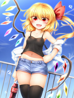 :d accessory beverage blonde_hair blush bodily_fluids bottle bottomwear breasts clothed clothing container crystal daisy_dukes denim denim_bottomwear denim_clothing denim_shorts female hair hair_accessory hair_ribbon happy holding_object hotpants jacket legwear midriff minishorts navel not_furry open_mouth ponytail red_eyes ribbons shirt shorts skimpy slim small_breasts smile solo spaghetti_strap standing sweat tank_top teeth thigh_highs topwear unusual_anatomy unusual_wings white_body white_skin wings young young_female young_humanoid m9kndi coca-cola touhou flandre_scarlet humanoid vampire 3:4 hi_res