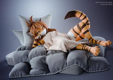 anthro bed black_tail_tip digitigrade dipstick_ears dipstick_tail ear_markings eyebrows eyelashes feet female fur furniture inner_ear_fluff lying lying_on_bed markings multicolored_ears nude on_back on_bed orange_body orange_fur pawpads pillow smile solo striped_body striped_fur stripes tail tail_markings text tuft white_body white_fur yellow_eyes chyvak twokinds flora_(twokinds) felid keidran mammal pantherine tiger 2025 3d_(artwork) digital_media_(artwork) hi_res url