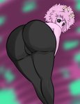 big_butt black_sclera butt butt_focus clothing female hair horn legwear looking_at_viewer looking_back not_furry pantyhose pink_body pink_hair pink_skin presenting presenting_hindquarters solo yellow_eyes greatm8sfm my_hero_academia ashido_mina horned_humanoid humanoid mammal hi_res