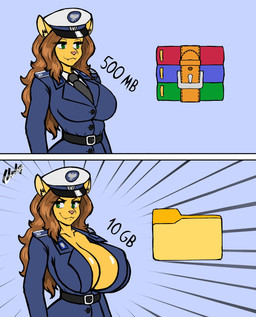 anthro belt belt_buckle belt_pouch breasts brown_hair buckle car clothing ears_up eyebrows eyelashes female folder folder_icon fur green_eyes hair hat headgear headwear legwear long_eyelashes looking_at_viewer looking_forward nipples pivoted_ears poland police police_car police_hat police_officer police_uniform police_vehicle polish_people's_republic smile smiling_at_viewer solo text uniform vehicle wearing_hat yellow_body yellow_fur chisheq winrar aneta_(chisheq) domestic_cat felid feline felis mammal hi_res