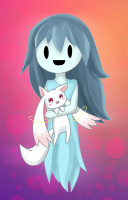 :d ambiguous_gender black_eyes blue_hair blush duo empty_eyes female gradient_background hair holding_character open_mouth open_smile red_eyes simple_background smile stylishkira puella_magi puella_magi_madoka_magica spooky's_jump_scare_mansion kyubey spooky_(sjm) ghost humanoid incubator_(puella_magi) spirit 2015 absurd_res crossover digital_drawing_(artwork) digital_media_(artwork) hi_res