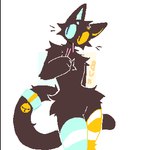 anthro bell_on_tail black_body black_fur fur leg_warmers_only male mostly_nude_anthro mostly_nude_male pocky_in_mouth slim_anthro slim_male solo bunonthemoon 2023 color_contrast low_res