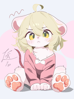 4_toes anthro blonde_hair blush claws feet female fur hair pawpads paws solo tail toes white_body white_fur yellow_eyes ikezone_124 terrible_mouse lorna_(terrible_mouse) mammal mouse murid murine rodent