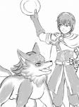 2016 3:4 animal_genitalia balls canid canine canis clothed clothing duo feral fire_emblem fully_clothed fully_sheathed genitals human link_(wolf_form) male male/male mammal marth monochrome nintendo nude outside sheath the_legend_of_zelda traditional_media_(artwork) winick-lim wolf