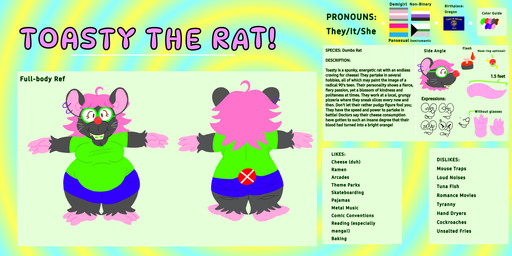 anthro barefoot blue_bottomwear blue_clothing blue_pants bottomwear braces buckteeth clothing clown_nose demigirl_pride_colors demiromantic_pride_colors ear_piercing ear_ring eyewear feet female glasses green_clothing green_shirt green_topwear hair lgbt_pride nerd overweight overweight_anthro overweight_female pansexual_pride_colors pants piercing pink_hair pride_colors ring_piercing shirt smile solo teeth text topwear wearing_glasses mammal murid murine rat rodent 2:1 absurd_res english_text hi_res model_sheet nonbinary_(lore)