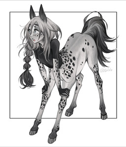 animal_ears black_clothing black_shirt black_topwear braided_hair braided_ponytail clothed clothed_female clothed_taur clothing female fur grey_body grey_fur hair hooves markings open_mouth ponytail shirt simple_background solo spots spotted_body spotted_fur tail topwear white_background tsulala european_mythology greek_mythology mythology centaur equid equid_taur humanoid_taur mammal mammal_taur taur full-length_portrait hi_res portrait