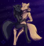4_toes 5_fingers anthro arm_tuft black_body black_fur black_hair breasts brown_body brown_fur chest_tuft claws cuddling duo elbow_tuft eyes_closed featureless_breasts feet female fingers fur hair hug male nude orange_eyes simple_background sky smile space star toe_claws toes tuft matz_the_kames twokinds maren_taverndatter sythe_(twokinds) canid canine canis keidran mammal wolf absurd_res hi_res