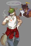 anthro baseball_cap bottomwear cigarette clothing clothing_writing denim denim_bottomwear denim_clothing duo hat headgear headwear hidden_eyes jeans laugh male pants scene_interpretation scene_parody shirt smoking smoking_cigarette stripes tank_top topwear trucker_hat voice_actor_joke crimsonrabbit cape_escape gnollplaying_games jet_adler_(cape_escape) marrow_(sebastiansb) brown_hyena canid canine canis coyote hyena mammal absurd_res hi_res