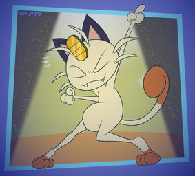 3_fingers 3_toes anthro dancing digitigrade eyes_closed fangs feet fingers fist gesture hand_gesture male motion_lines pointing pointing_up pose solo spotlight teeth toes gavanzude nintendo pokemon generation_1_pokemon meowth pokemon_(species) alternate_version_at_paywall alternate_version_at_source hi_res