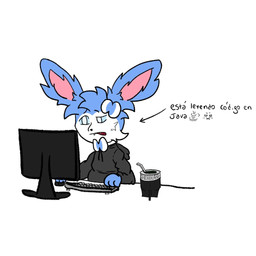 anthro black_clothing black_hoodie black_topwear blue_body blue_fur clothing computer computer_keyboard computer_mouse ear_tuft electronics fur furrowed_eyebrows head_tuft hoodie inner_ear_fluff male mate_(beverage) one_eye_half-closed open_mouth puntero solo text topwear tuft java_(programming_language) nintendo pokemon delisylvi_(character) eeveelution generation_6_pokemon mammal pokemon_(species) shiny_pokemon sylveon 1:1 meme spanish_text translated