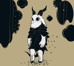 2_horns abstract_art abstract_background ambiguous_anthro ambiguous_gender anthro biped black_clothing clothed clothed_ambiguous clothed_anthro clothing cloven_hooves fur hooves horn solo standing tail white_body white_fur hakugin bovid caprine demon goat hybrid mammal 2022 dated
