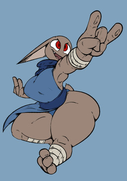 anthro big_breasts big_butt breasts butt clothing female fur grey_body grey_fur leotard on_one_leg open_mouth red_eyes scarf simple_background smile solo standing tail thick_thighs wide_hips triplepistacho pudding_(triplepistacho) hare lagomorph leporid mammal 2022 hi_res