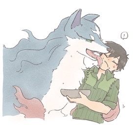 domestic_pet duo feral green_eyes licking male master tongue tongue_out maru_game_1022 campfire_cooking_in_another_world_with_my_absurd_skill fel_(campfire_cooking) mukoda_tsuyoshi canid canine canis human mammal wolf hi_res
