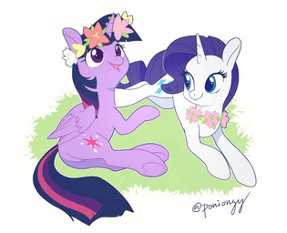duo female feral flower flower_crown flower_necklace grass hooves horn plant simple_background smile underhoof wings ponionyy friendship_is_magic hasbro my_little_pony mythology rarity_(mlp) twilight_sparkle_(mlp) equid equine mammal mythological_creature mythological_equine unicorn winged_unicorn