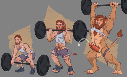 anthro armpit_hair balls barbell barefoot base_one_layout basic_sequence beard bodily_fluids body_hair bottomwear clothed clothing cum digitigrade ejaculation erection exercise facial_hair facial_hair_growth feet footwear fur genital_fluids genital_transformation genitals geometric_background growth human_to_anthro linear_sequence male mane mostly_nude muscle_growth muscular muscular_male one_row_layout orgasm_from_transformation pants paws penile_spines penis pubes shirt shoes simple_background snout snout_growth solo species_transformation tail tail_growth tail_growth_in_pants tail_tuft tan_body tan_fur tank_top three_frame_image three_frame_sequence topwear torn_bottomwear torn_clothing torn_pants transformation transformation_sequence tuft wardrobe_malfunction weightlifting workout thestory felid human lion mammal pantherine sequence