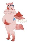 anthro areola belly big_belly blue_eyes clothed clothing feathered_wings feathers female fur glistening glistening_eyes hair mouth_closed multicolored_hair narrowed_eyes pink_body pink_fur pink_hair pregnant pregnant_anthro pregnant_female red_body red_fur red_hair red_wings simple_background solo standing topless two_tone_hair white_background white_wings wings milk-jug rosalie_(kupilas) canid canine mammal